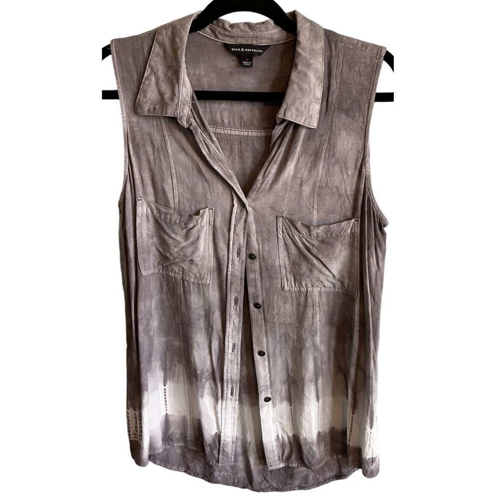 Rock & Republic Womens Gray/White Acid Wash Sleeveless Button Down Blouse Medium